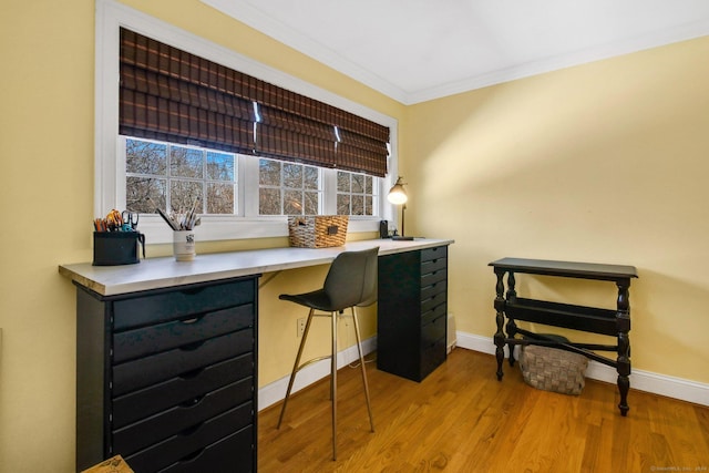 office with ornamental molding and light hardwood / wood-style flooring