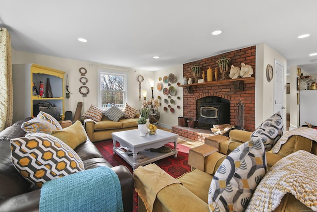 living room featuring a wood stove