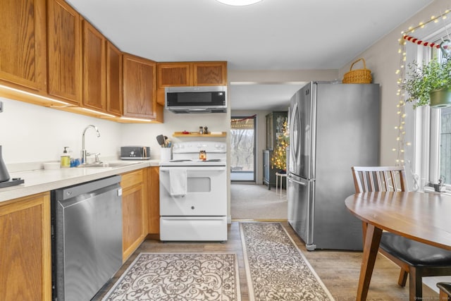 kitchen with sink, appliances with stainless steel finishes, and light hardwood / wood-style flooring