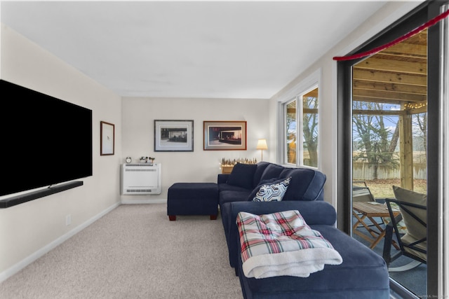 carpeted living room with heating unit