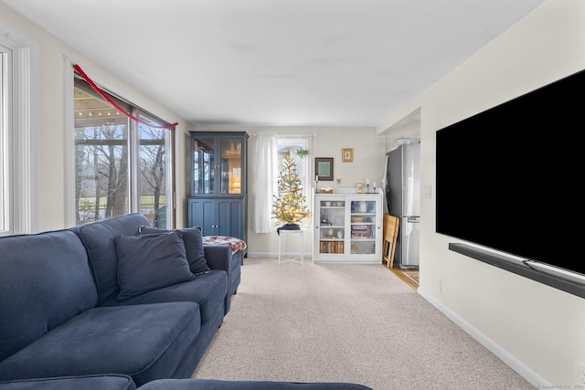 living room featuring light colored carpet