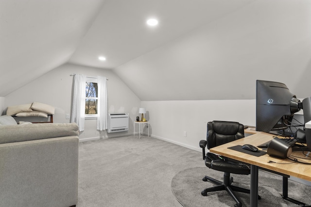 carpeted office with heating unit and vaulted ceiling