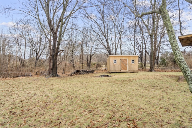 view of yard featuring a storage shed