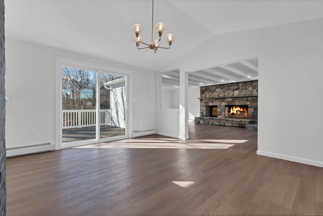 unfurnished living room featuring a notable chandelier, vaulted ceiling, wood finished floors, a stone fireplace, and a baseboard radiator