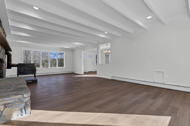 living room with beamed ceiling, baseboard heating, dark wood-type flooring, and an inviting chandelier