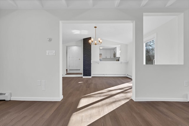 unfurnished living room featuring dark hardwood / wood-style flooring, a chandelier, lofted ceiling, and a baseboard heating unit