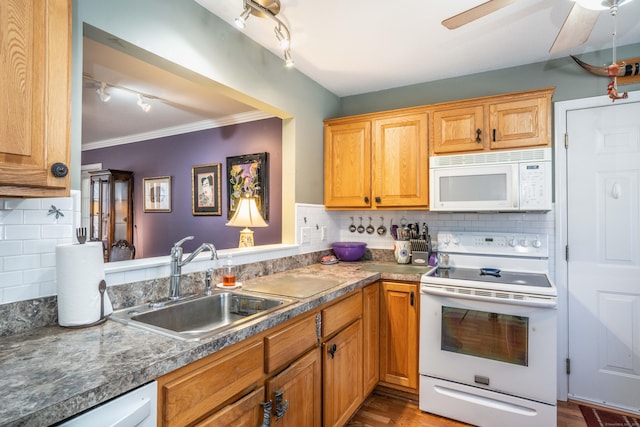 kitchen with tasteful backsplash, ornamental molding, white appliances, ceiling fan, and sink