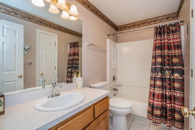 full bathroom with tile patterned flooring, vanity, shower / bath combo, and toilet