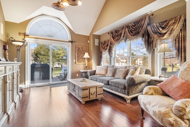 living room with dark hardwood / wood-style floors and high vaulted ceiling