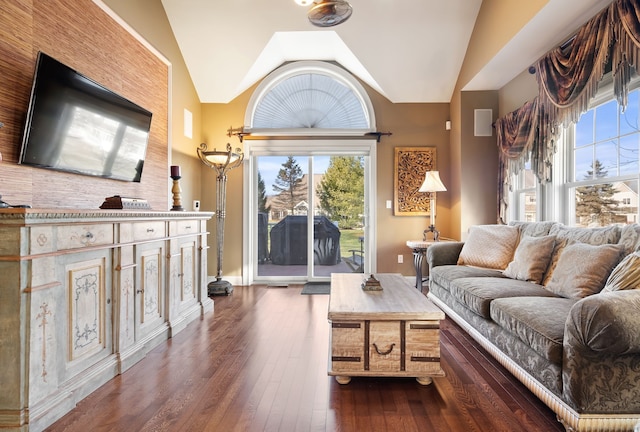 living room featuring dark wood-type flooring and vaulted ceiling