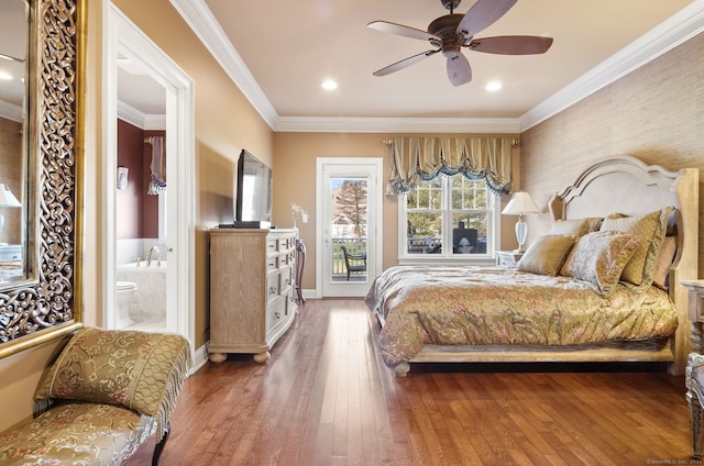 bedroom with access to exterior, ceiling fan, ensuite bath, crown molding, and hardwood / wood-style floors