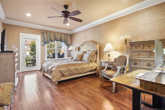 bedroom featuring access to outside, ceiling fan, hardwood / wood-style flooring, and ornamental molding