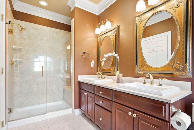 bathroom with crown molding, tile patterned flooring, vanity, and an enclosed shower