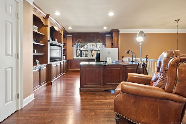 office space with ornamental molding and dark wood-type flooring