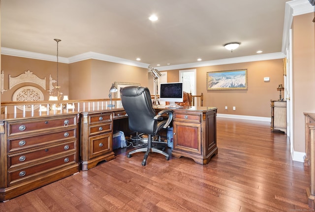 office featuring crown molding and dark hardwood / wood-style floors