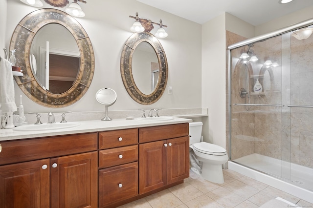 bathroom featuring tile patterned floors, vanity, toilet, and a shower with door