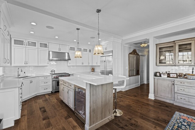 kitchen with white cabinetry, high quality appliances, a center island, and sink