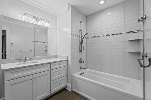 full bath with crown molding, vanity, shower / tub combination, and tile patterned floors