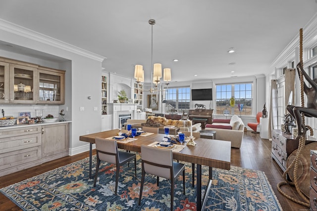 dining room featuring ornamental molding, dark wood-type flooring, and a fireplace