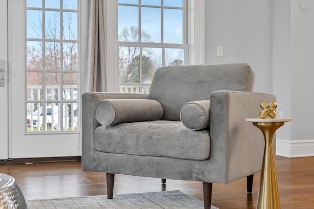 living area featuring baseboards and wood finished floors