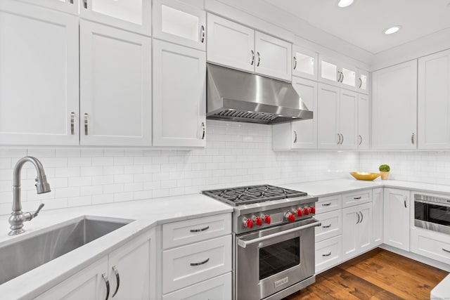 kitchen featuring glass insert cabinets, white cabinetry, under cabinet range hood, appliances with stainless steel finishes, and a sink