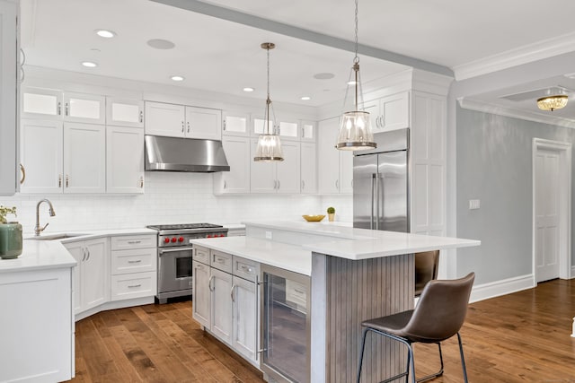 kitchen with ornamental molding, high quality appliances, under cabinet range hood, wine cooler, and a sink