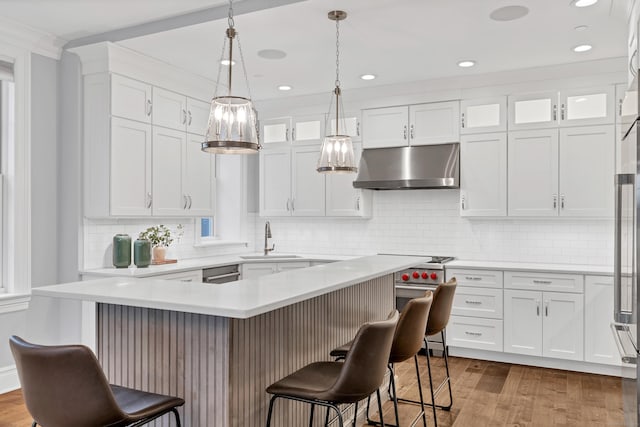 kitchen with a breakfast bar, white cabinetry, light countertops, under cabinet range hood, and a sink