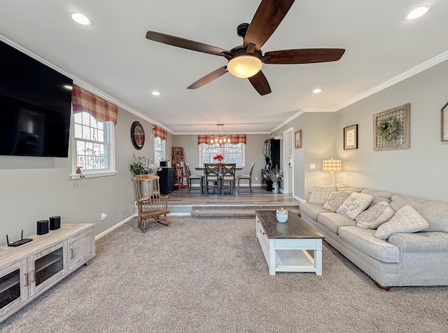 carpeted living room with a healthy amount of sunlight, ceiling fan with notable chandelier, and crown molding