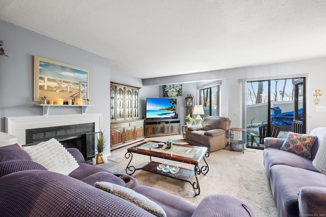 carpeted living room featuring a textured ceiling