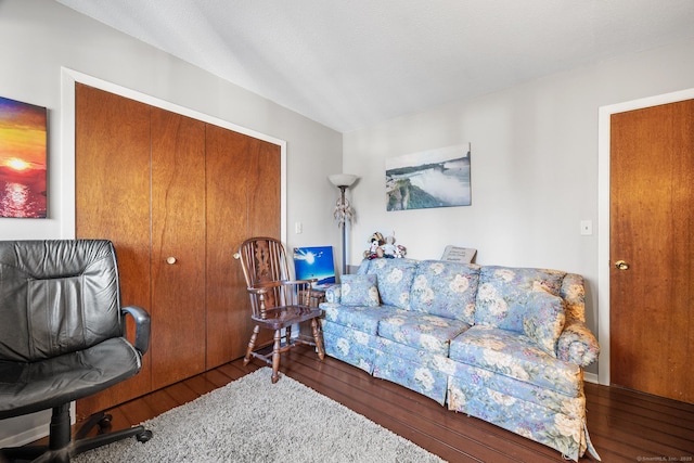 living room with dark hardwood / wood-style flooring