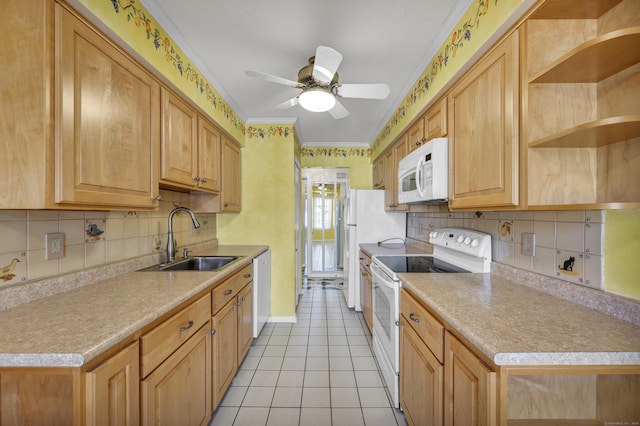 kitchen featuring ornamental molding, white appliances, ceiling fan, sink, and light tile patterned floors