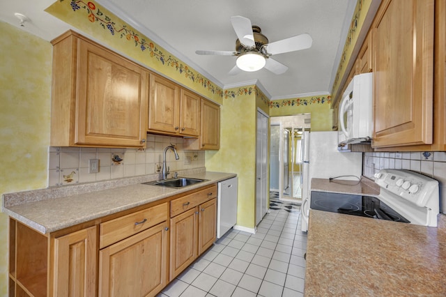 kitchen featuring white appliances, crown molding, sink, decorative backsplash, and light tile patterned floors