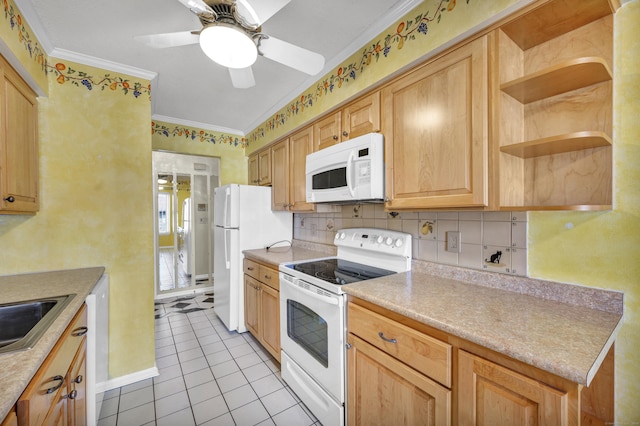 kitchen featuring tasteful backsplash, white appliances, ceiling fan, crown molding, and light tile patterned floors