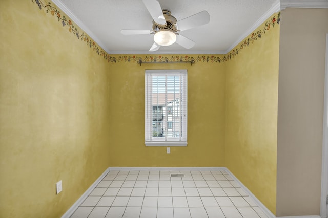 tiled empty room with crown molding and ceiling fan