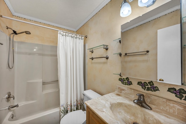 full bathroom featuring ornamental molding, vanity, toilet, and shower / bath combo with shower curtain