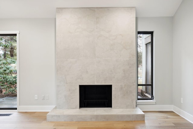 room details with wood-type flooring and a tile fireplace