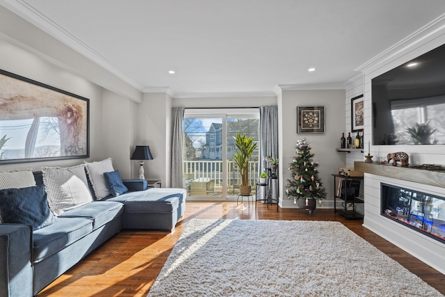 living room featuring ornamental molding and dark wood-type flooring