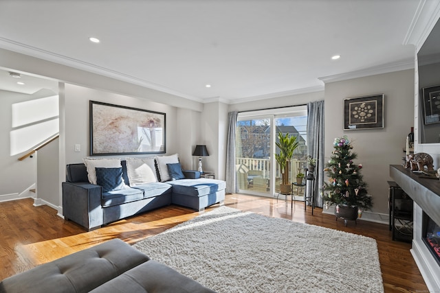 living room with crown molding and dark wood-type flooring