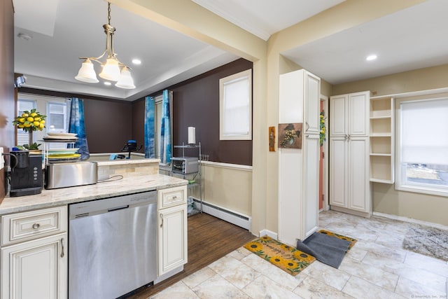 kitchen featuring light stone countertops, dishwasher, white cabinetry, hanging light fixtures, and a baseboard radiator