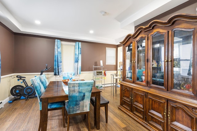 dining space featuring plenty of natural light, wood-type flooring, and a baseboard radiator