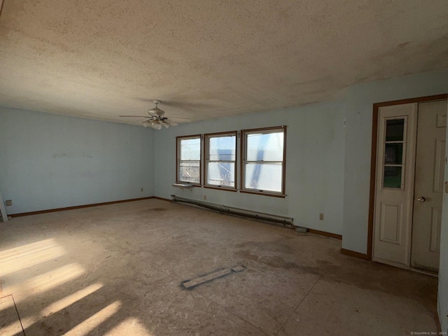 unfurnished room featuring a textured ceiling, a baseboard radiator, and ceiling fan