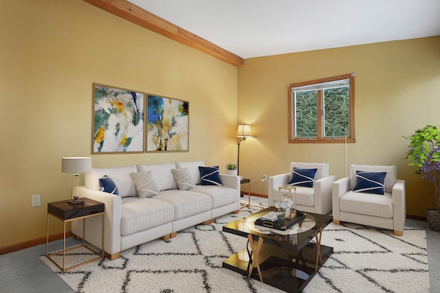 living room featuring light carpet, crown molding, and lofted ceiling