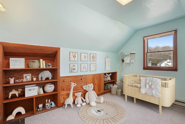 living area with wood walls, carpet, and vaulted ceiling