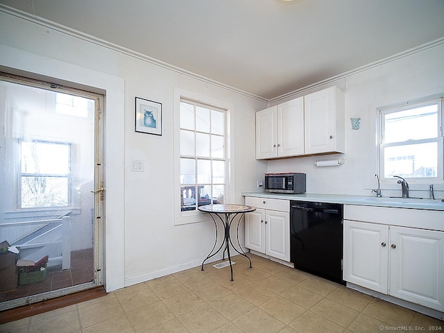 kitchen featuring dishwasher, white cabinetry, ornamental molding, and sink