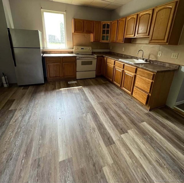 kitchen with electric range, sink, stainless steel fridge, a paneled ceiling, and hardwood / wood-style flooring