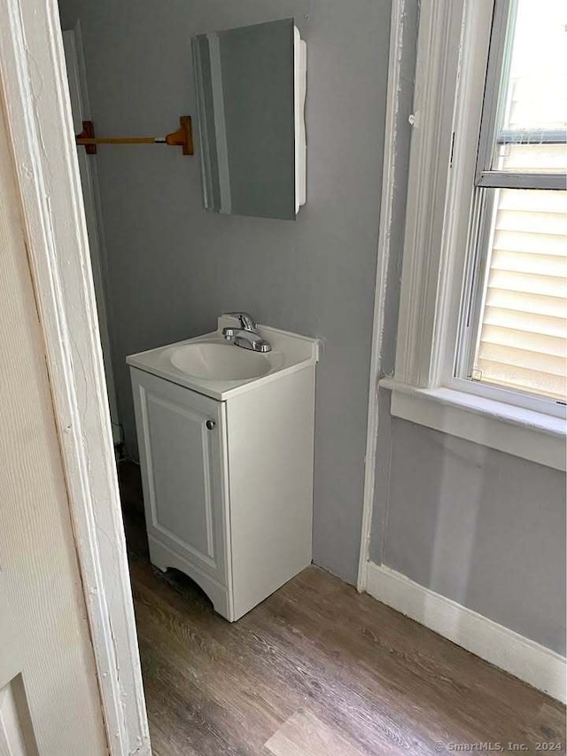 bathroom with wood-type flooring and vanity