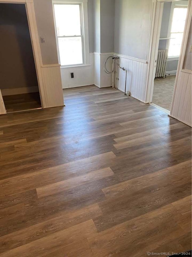 unfurnished room with a healthy amount of sunlight and dark wood-type flooring