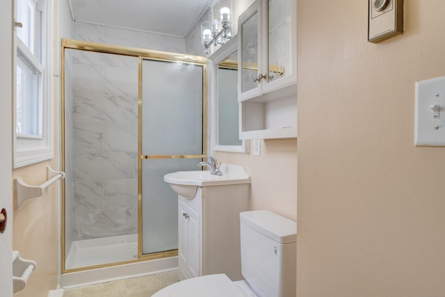 bathroom with vanity, a shower with shower door, and toilet