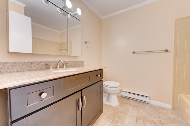 full bathroom featuring toilet, tile patterned flooring, ornamental molding, and a baseboard heating unit