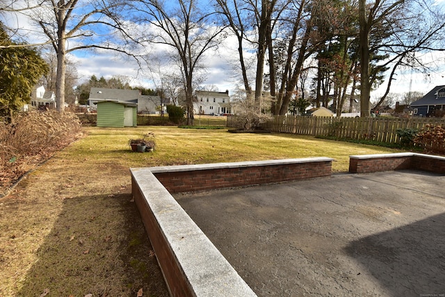 view of yard featuring a patio and a storage unit